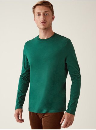 Zelené pánské bavlněné tričko s dlouhým rukávem Marks & Spencer 