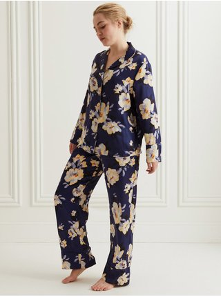Tmavomodré dámske kvetované saténové pyžamo Marks & Spencer
