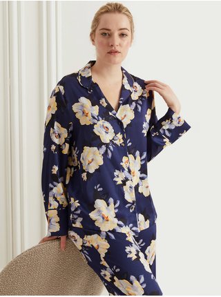 Tmavomodré dámske kvetované saténové pyžamo Marks & Spencer