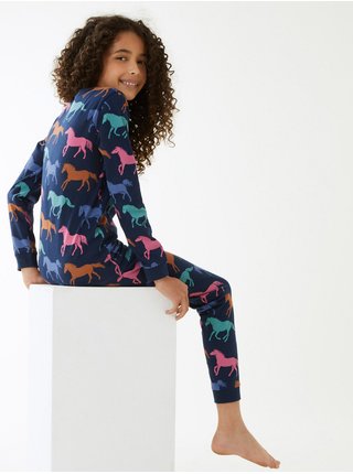 Tmavě modré dětské velurové pyžamo s motivem koní Marks & Spencer 