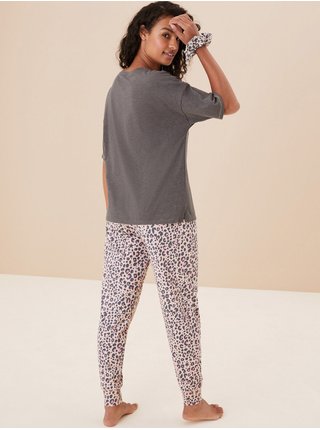 Šedo-krémové dámské pyžamo se zvířecím vzorem a gumičkou do vlasů  Marks & Spencer 