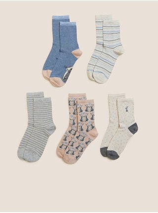 Sada pěti párů dámských vzorovaných ponožek v modré, šedé, růžové, krémové a bílé barvě Marks & Spencer