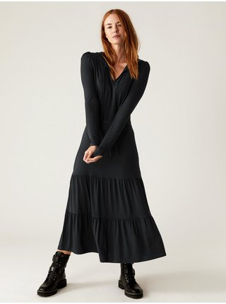 Černé dámské nabírané midaxi šaty s páskem Marks & Spencer  
