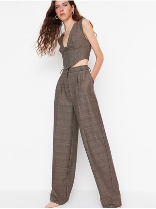 Hnědé dámské kostkované široké kalhoty Trendyol