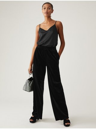 Černé dámské sametové kalhoty se širokými nohavicemi Marks & Spencer  