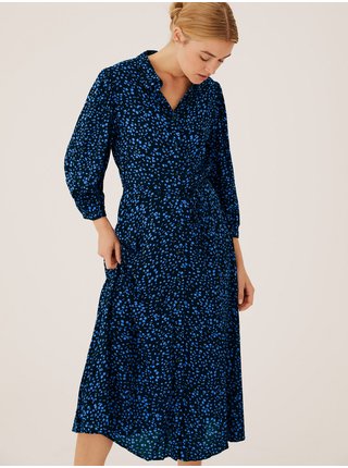 Tmavě modré dámské květované košilové midi šaty s vázáním v pase Marks & Spencer 