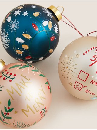 Sada tří barevných vánočních skleněných ozdob Marks & Spencer  „Merry & Bright“