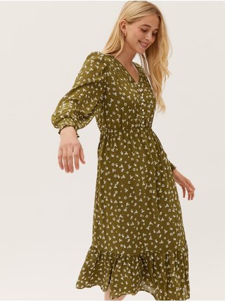 Khaki dámské květované šaty Marks & Spencer 