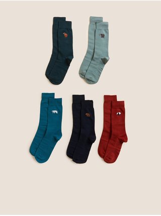 Sada pěti párů pánských ponožek v modré, šedé a červené barvě Marks & Spencer  