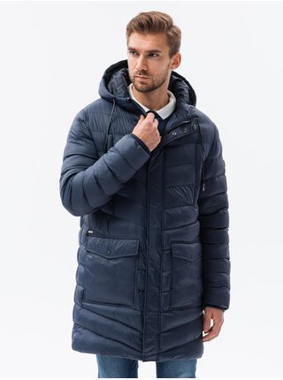 Tmavě modrý pánský zimní prošívaný kabát s kapucí Ombre Clothing