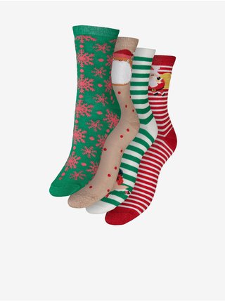 Súprava štyroch párov dámskych vianočných ponožiek v zelenej, béžovej, bielej a červenej farbe VERO MODA Elf