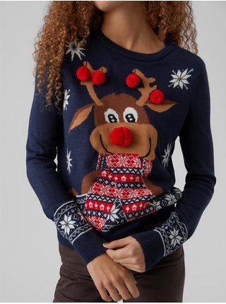 Tmavo modrý dámsky sveter s vianočným motívom VERO MODA New Frosty Deer