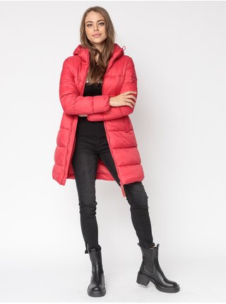 Tmavě růžový dámský prošívaný zimní kabát s kapucí Devergo