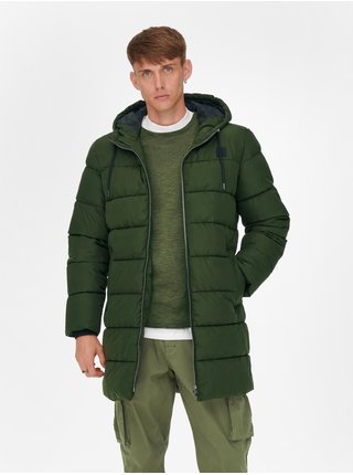 Zelený pánský prošívaný kabát s kapucí ONLY & SONS Melvin