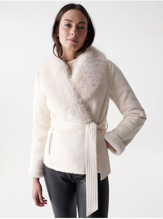 Krémový dámsky kabátik s umelou kožušinou Salsa Jeans Andorra