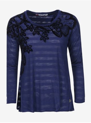 Modré pruhované dámské tričko se vzorem květin Desigual Chapin
