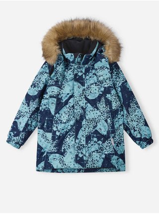 Tmavomodrá detská vzorovaná zimná bunda s odopínacou kapucňou a kožúškom Reima Musko