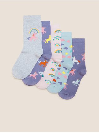 Sada pěti párů fialových holčičích ponožek s jednorožcem Marks & Spencer 