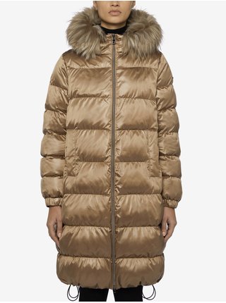 Hnědý dámský lesklý prošívaný zimní kabát s kapucí s kožíškem Geox Becksie
