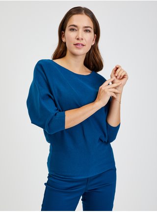 Modrý dámský žebrovaný svetr s netopýřími rukávy ORSAY 