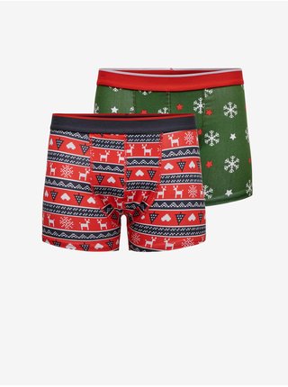 Sada dvou pánských vzorovaných boxerek a ponožek v červené a zelené barvě ONLY & SONS X-mas Box