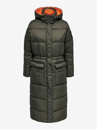 Kaki dámsky prešívaný zimný kabát s kapucňou ONLY Puk