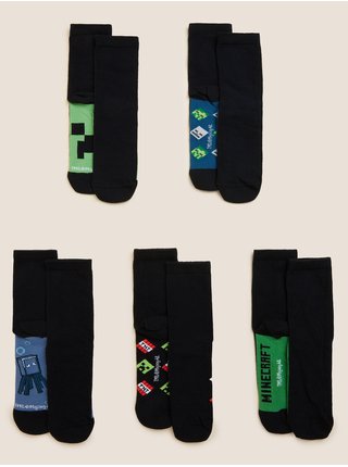 Sada pěti párů klučičích ponožek v černé barvě Marks & Spencer Minecraft™ 