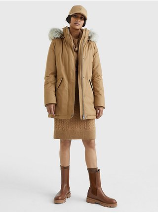Béžová dámská zimní bunda s odepínací kapucí a kožíškem Tommy Hilfiger