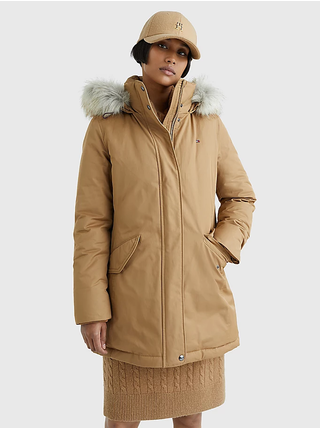 Béžová dámská zimní bunda s odepínací kapucí a kožíškem Tommy Hilfiger