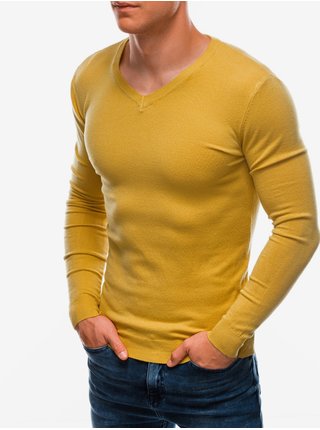 Hořčicový pánský basic svetr s véčkovým výstřihem Ombre Clothing