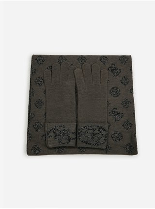 Sada dámskych vzorovaných rukavíc a šálu v čierno-hnedej farbe Guess