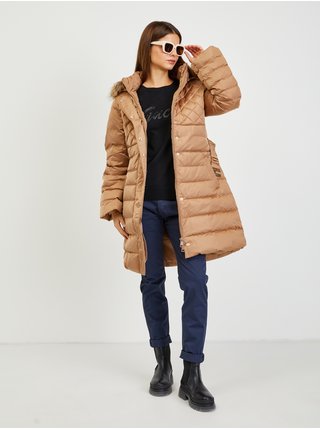 Hnědý dámský péřový zimní kabát s odepínací kapucí a kožíškem Guess Lolie