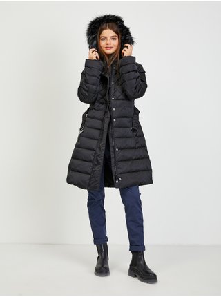 Čierny dámsky páperový zimný kabát s odopínacou kapucňou a kožúškom Guess Lolie