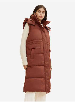 Hnědý dámský prošívaný zimní kabát s odepínacími rukávy a kapucí Tom Tailor
