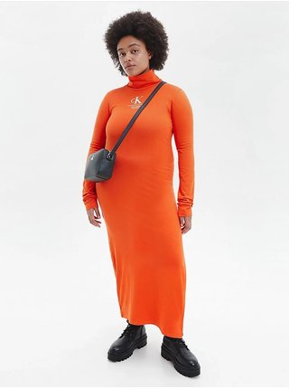 Oranžové dámské pouzdrové midišaty s rozparkem Calvin Klein Jeans