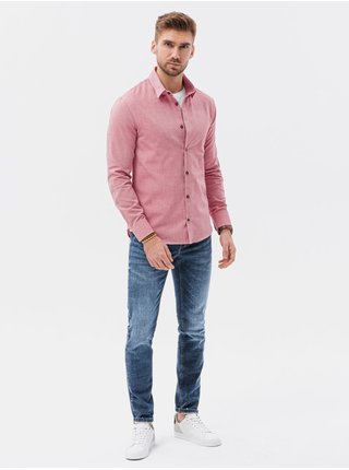 Růžová pánská košile s dlouhým rukávem Ombre Clothing K642 