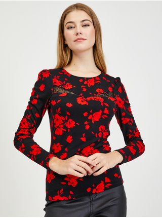 Červeno-černé dámské květované tričko s krajkovým detailem ORSAY 