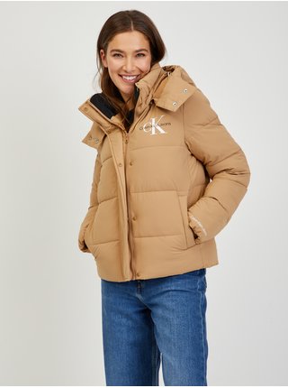 Světle hnědá dámská prošívaná zimní bunda s odepínací kapucí Calvin Klein Jeans