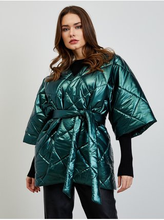 Petrolejová dámska prešívaná lesklá bunda so zaväzovaním Simpo Cloud