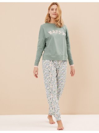 Krémovo-zelené dámské květované pyžamo s nápisem Marks & Spencer 