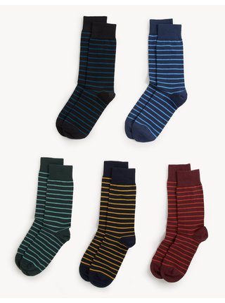 Sada pěti párů pánských proužkovaných ponožek s technologií Cool & Fresh™ v černé, modré, zelené, hořčicové a červené barvě Marks & Spencer