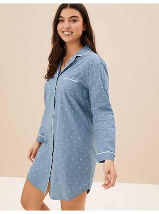 Světle modrá dámská bavlněná noční košile s puntíky Marks & Spencer 