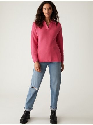 Růžový dámský žebrovaný basic svetr s límečkem Marks & Spencer 