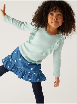 Súprava dievčenskej mikiny, sukne/kraťasov a pančucháčov v mentolovej, modrej a čiernej farbe Marks & Spencer