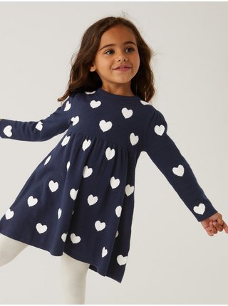 Souprava holčičích vzorovaných šatů a punčocháčů v tmavě modré a krémové barvě Marks & Spencer