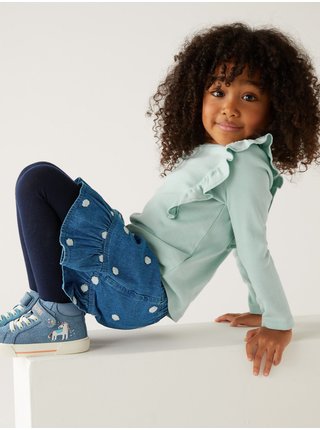 Súprava dievčenskej mikiny, sukne/kraťasov a pančucháčov v mentolovej, modrej a čiernej farbe Marks & Spencer