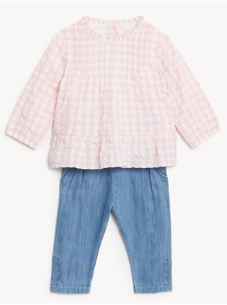 Súprava dievčenskej blúzky a nohavíc v ružovej a modrej farbe Marks & Spencer