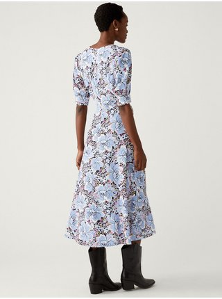 Světle modré dámské květované midi šaty s nabíraným rukávem Marks & Spencer