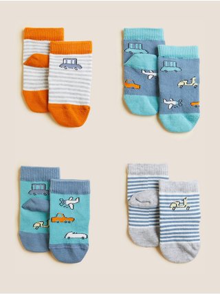 Sada čtyř párů klučičích ponožek v modré, šedé, bílé a oranžové barvě s motivem dopravních prostředků Marks & Spencer 