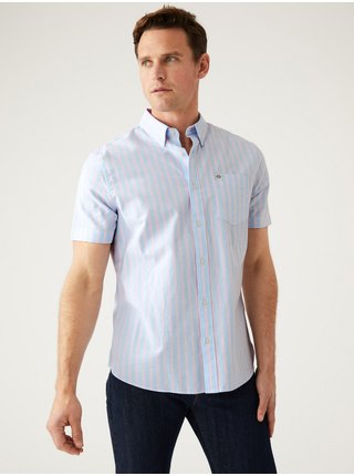 Růžovo-modrá pánská bavlněná pruhovaná košile s krátkým rukávem Marks & Spencer Oxford  